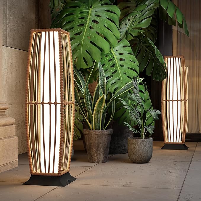 Grand patio 2-Piece Outdoor Floor Lamp Solar Powered Lantern Waterproof Wicker - Image 8