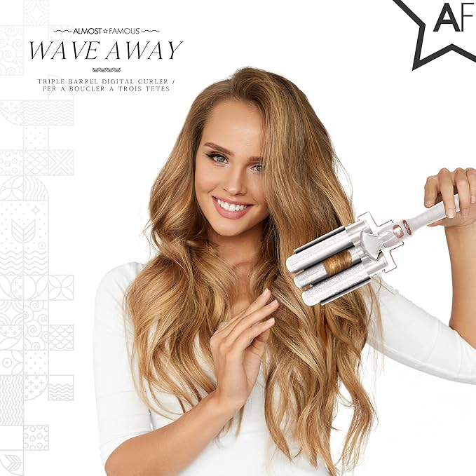 Almost Famous Wave Away Triple Barrel Clip Curling System, 3 Barrel Curling, Crimper with LCD Temp Display, Professional Beauty Tool, Temperature Adjustable (Pearlescent White)