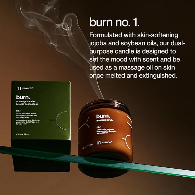 Maude Burn No. 1 - Hydrating + Skin-Softening Soybean + Jojoba Oil Massage Candle - Soothing Warm Massage Oil Candle with Notes of Amber, Lemongrass + Tonka Bean - Relaxing Self Care Gifts (4 oz)
