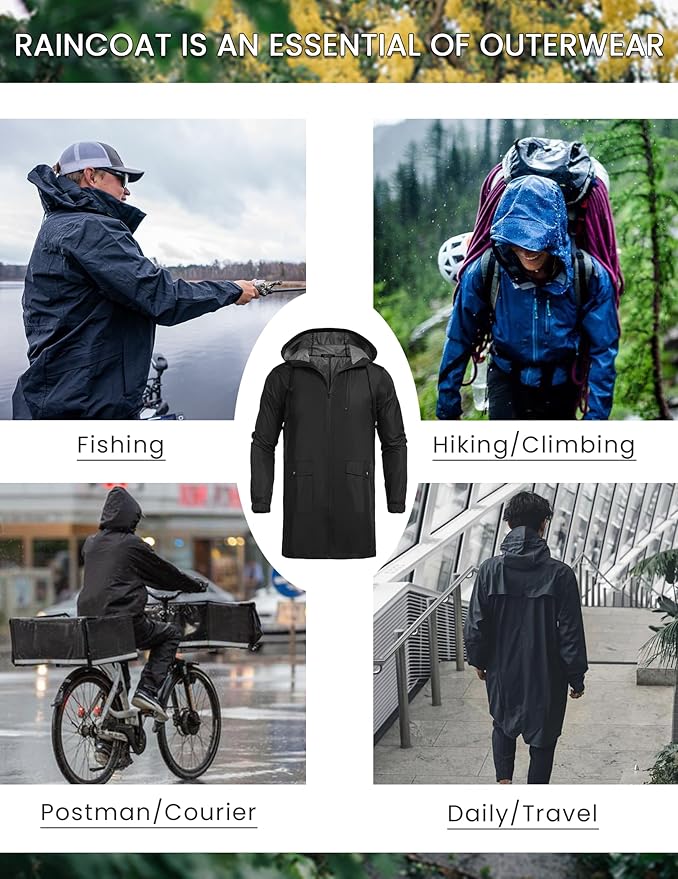 COOFANDY Men's Long Raincoat Ligtweight Rain Jacket Waterproof Outdoor Jackets - Image 4
