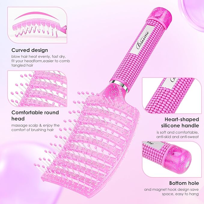 Bsisme Hair Brush with Hair Clips, Vented Brush for Faster Blow Drying, Detangler & Frizz-Free on Women Girls Kids Curly Wet Thick Fine Hair, Ideal Valentine's Day, Mothers Day, Birthday Gift for Her