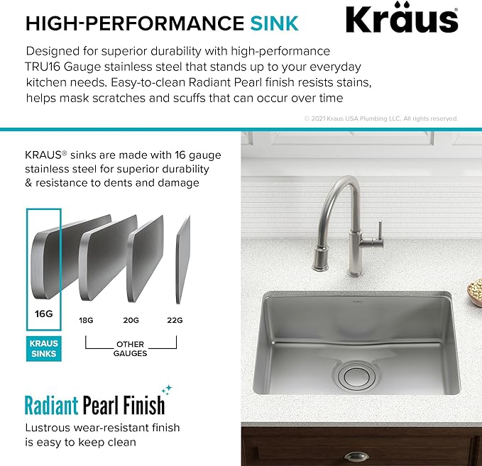 KRAUS Dex 25-Inch Undermount Single Bowl TRU16 Gauge Stainless Steel Kitchen - Image 7