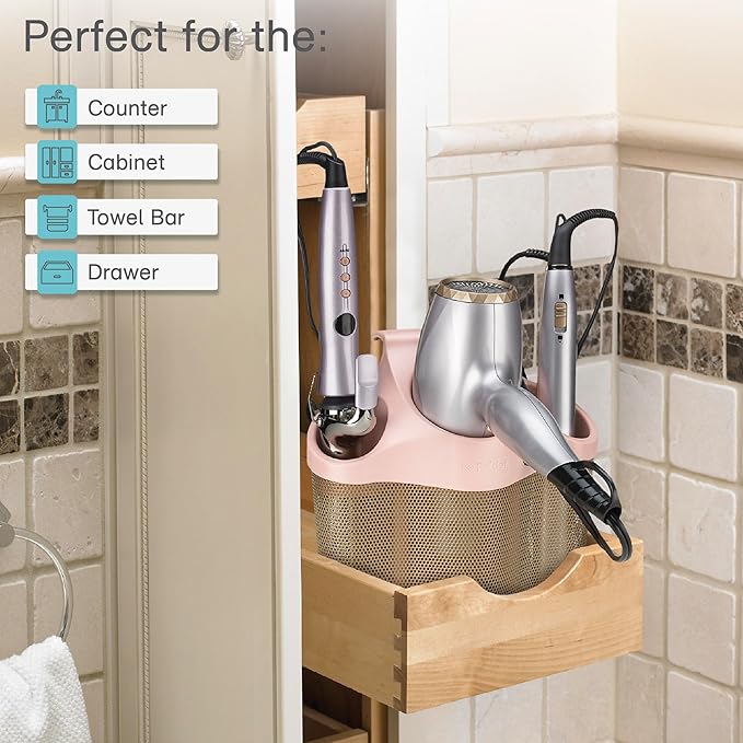 Polder Style Station, Hair Tool Organizer for Hair Dryer, Curling Iron, and Hair Straightener, Easy-to-Store Hair Styling Station, Blush and Bronze