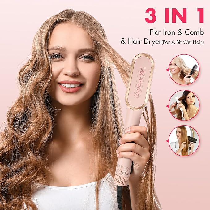 Hair Straightener Brush with Hot & Cool Air, AngKng Anti-Scald Heat Comb Straightener for Straightening Hair, 30s Fast Heating, Hot Air Straightening Brush for Women, Dual Voltage for Travel, Pink