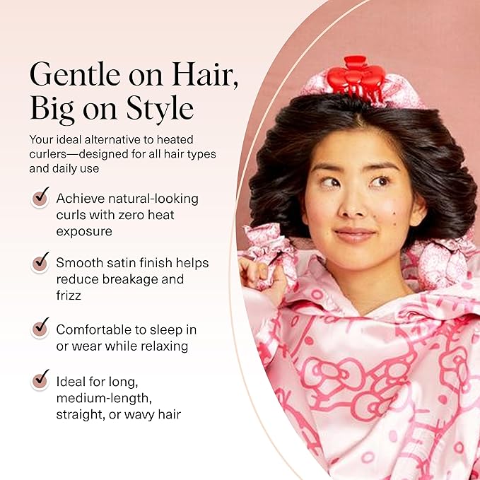 Hello Kitty x Kitsch Satin Heatless Hair Curler Set - Heatless Curls Overnight, Hair Rollers for Soft Curls & Frizz-Free Styling, No Heat Curlers To Sleep in, Curling Rod Headband - Pink Kitty Faces