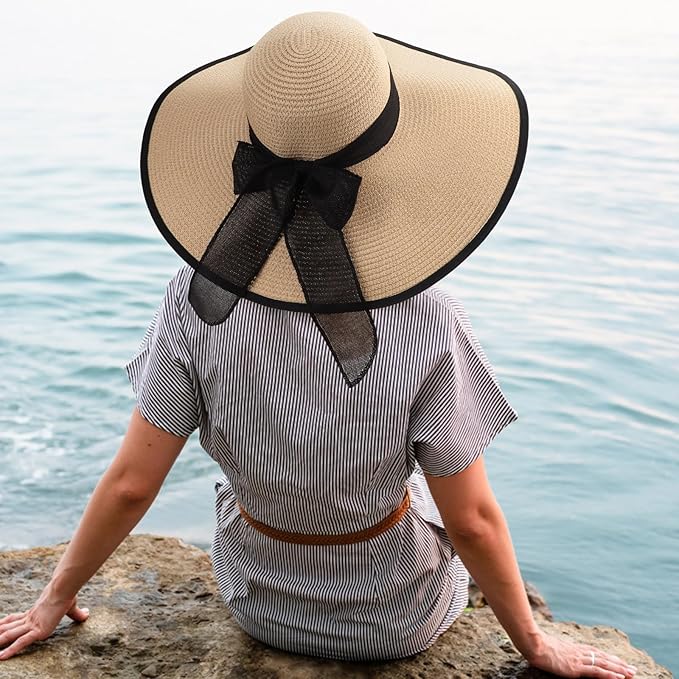 DRESHOW Beach Hats for Women Big Straw Wide Brim Summer Hat Floppy Foldable - Image 3