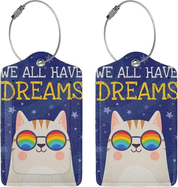 2 Cute Cat with Rainbow in Eye Glasses Luggage Tags, We All Have Dreams - Image 3