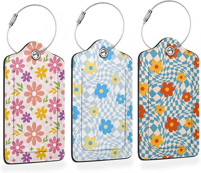 3 Pcs Luggage Tag for Suitcases, Flowers Hippie Wavy Swirl Checkered Leather by Oeaskly