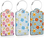 3 Pcs Luggage Tag for Suitcases, Flowers Hippie Wavy Swirl Checkered Leather by Oeaskly