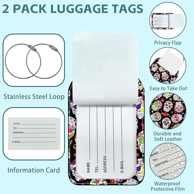 2 Pack Cute Luggage Tag for Suitcases Day of The Dead Sugar Skull Leather - Image 2
