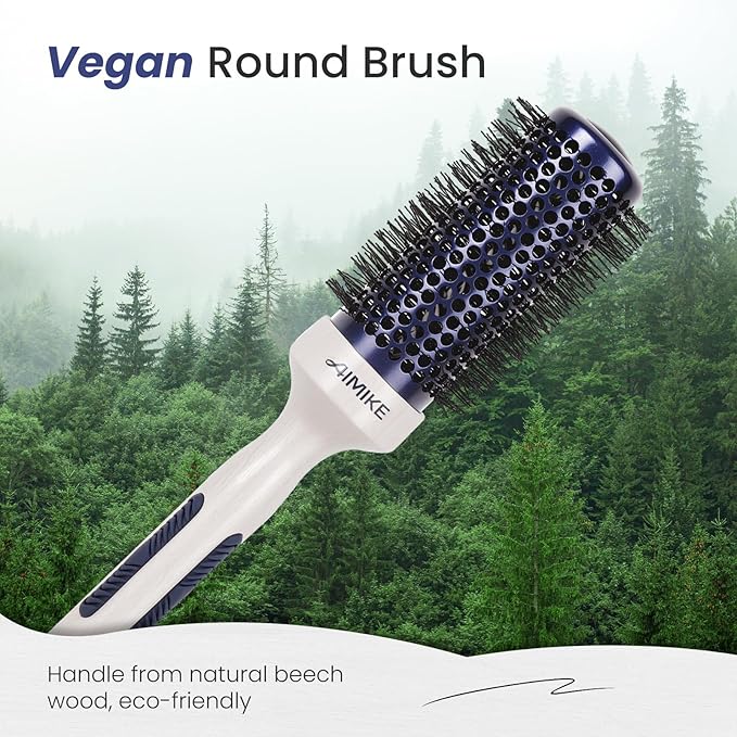 AIMIKE Nano Ionic Tech Ceramic Brush for Blow Drying, Styling and Volume Boost - Natural Wood One-Piece Design, 1.7 Inch/43mm