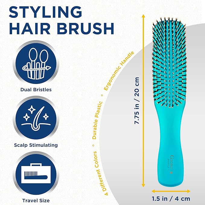 Giorgio GION1B Neon Blue 7.75 inch Gentle Touch Detangler Hair Brush for Men and Women. Soft Bristles for Sensitive Scalp. Wet and Dry for all Hair Types. Scalp Massager Brush Stimulate Hair Growth