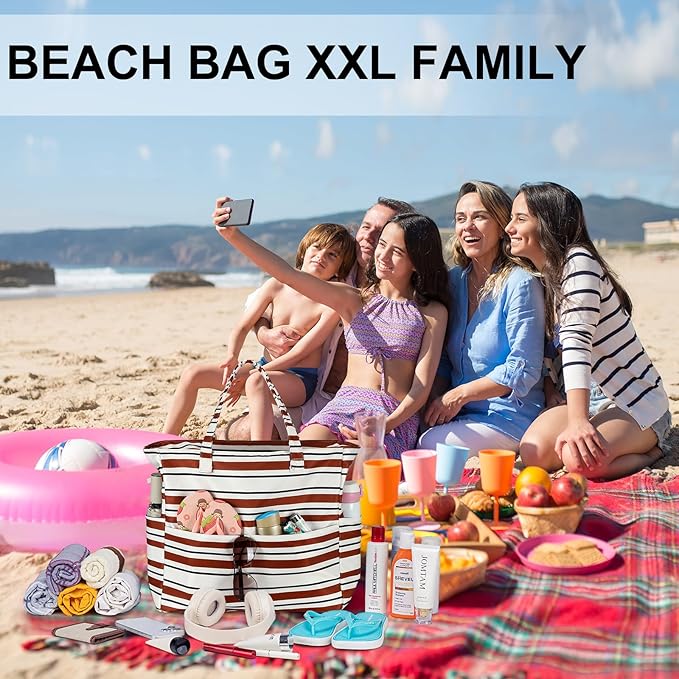 LEDAOU Large Beach Tote Bag Women Waterproof Sandproof Zipper Beach Tote Bag - Image 2