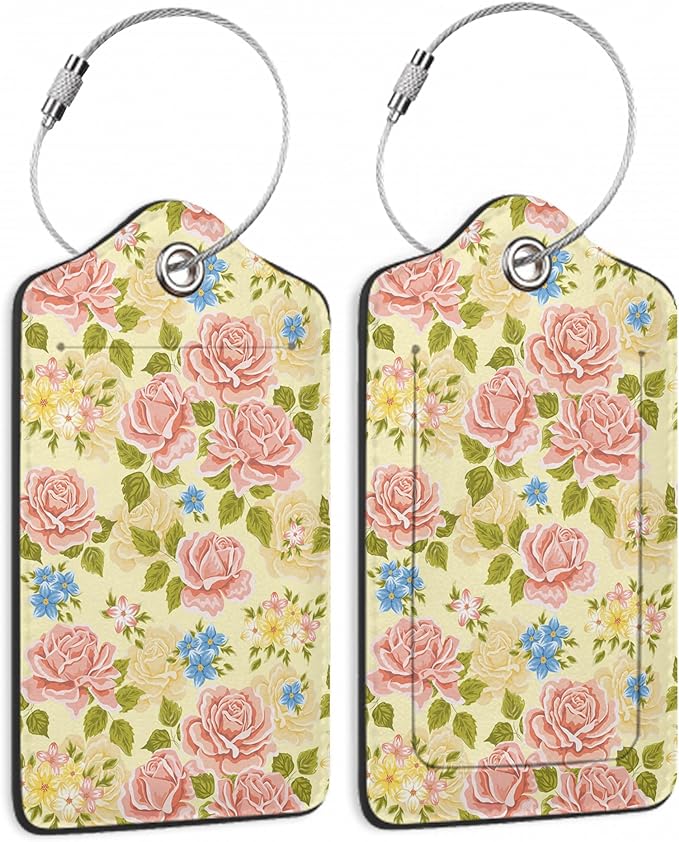 Pink Rose Luggage Tag, Flowers Retro Luggage Tags of Set 2 Leather Identifiers by SKYDAWNY