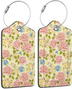 Pink Rose Luggage Tag, Flowers Retro Luggage Tags of Set 2 Leather Identifiers by SKYDAWNY