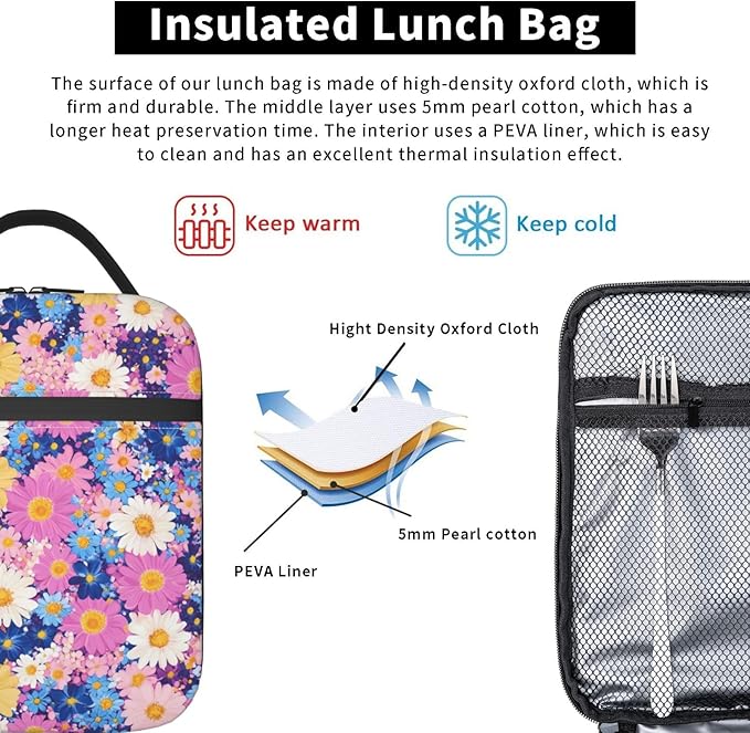Floral Insulated Lunch Box for Women Men Floral Lunch Bag for Travel, or - Image 5
