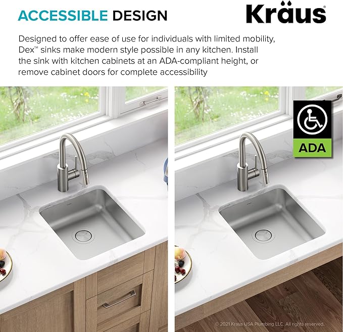 KRAUS Dex 17-inch Undermount 16 Gauge Stainless Steel Single Bowl ADA Kitchen - Image 5