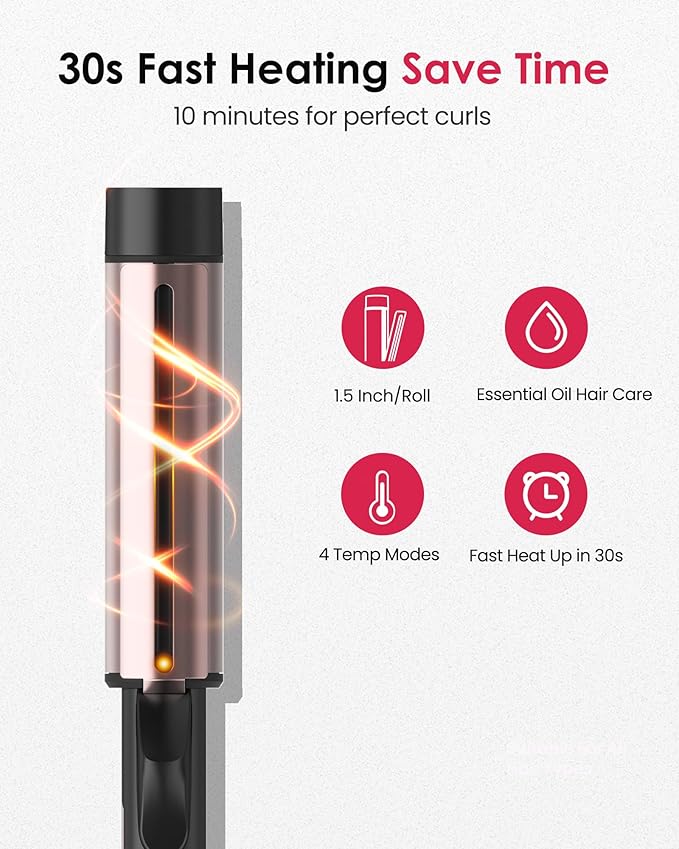 Curling Wand for Long Hair - Ceramic Tourmaline Barrel with 40000000 Negative Ions, Defined Curls and Easy to Use with Temperature Control for All Hair Types,