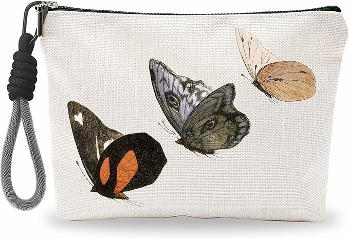 Make Up Bag For Woman, Cosmetic Bag With Hand Strap - Vintage Butterflies - Lined Toiletry Bag - Retro Theme Pouch, Butterfly Organizer With Zipper, Women Essentials & Accessories - B04