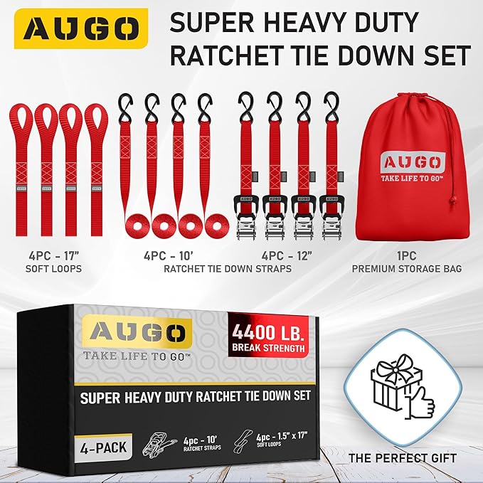 AUGO Heavy Duty Ratchet Straps & Soft Loops – Pack of 4 Extra Strong 1.5” by - Image 4