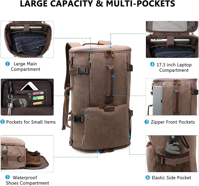 G-FAVOR 40L Travel Backpack, Vintage Canvas Rucksack Convertible Duffel Bag - Image 3