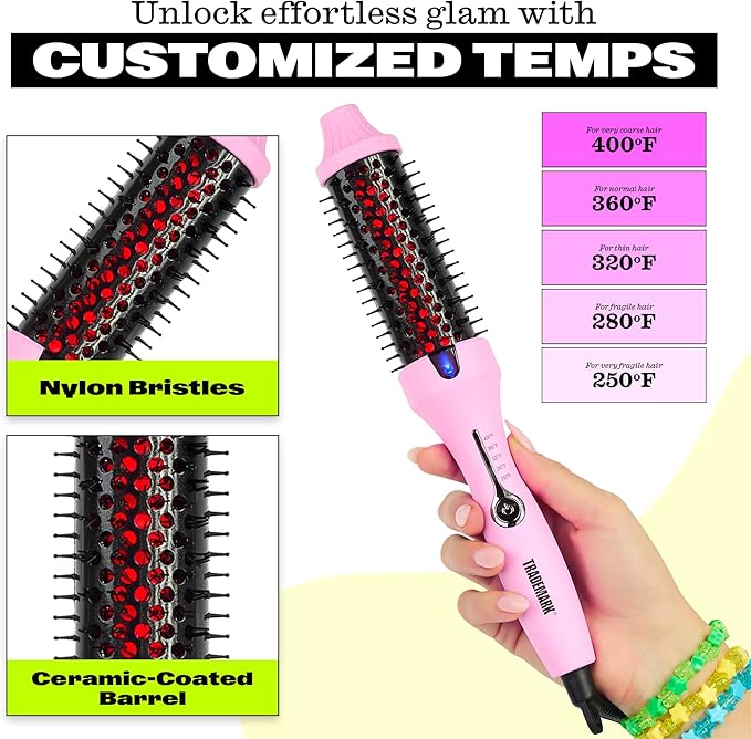 Trademark Beauty Infrared Ionic Thermal Styling Brush Hot Rod - Hair Brush with Round 1.5 Inch Barrel - Frizz Control & Shine - Volumizing Hot Brush for Straight or Curly Hair - Pink
