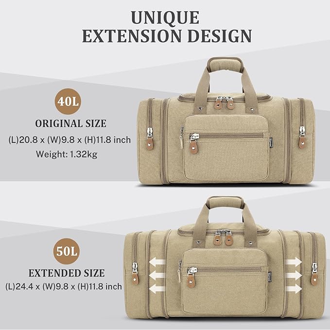 Gonex Canvas Duffle Bag for Travel 50L Expandable Duffel Weekend Overnight Bag - Image 3