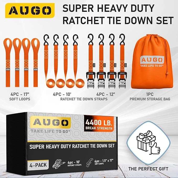 AUGO Heavy Duty Ratchet Straps & Soft Loops – Pack of 4 Extra Strong 1.5” by - Image 4