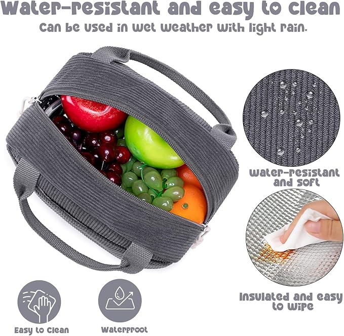 Bluboon Lunch Bag for Women Men Cute Corduroy Lunch Tote Bags Reusable - Image 3