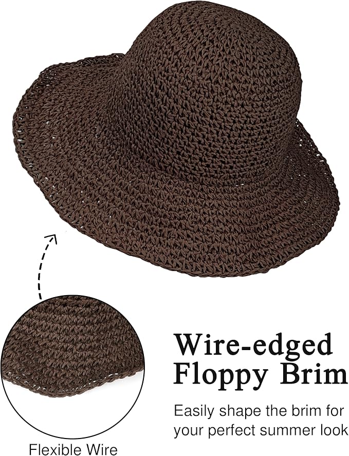 Womens Wide Brim Straw Sun Hat Foldable Floppy Crochet Beach Hat - Image 4