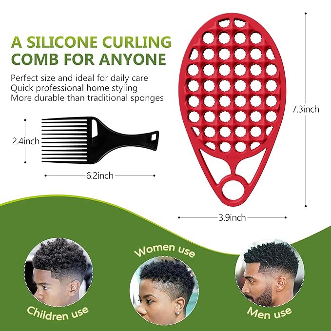 KOUPA Silicone Curly Hair Brush with Pick Comb, One Piece Twist Curl Comb for Afro Curls, Washable Hair Tool for Men Women, Red
