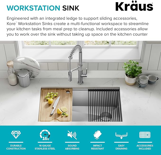 KRAUS Kore 32-Inch Undermount Workstation 16 Gauge Single Bowl Stainless Steel - Image 3