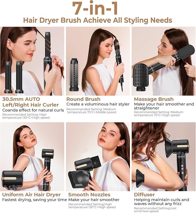 Blow Dryer Brush 7 in ONE，Autowrap Curling Wand, 110,000 RPM High-Speed Negative Ionic Hair Dryer with Diffuser Concentrator, Round Brush Blow Dryer Air Styler, Volumizing Hair Styling Tools