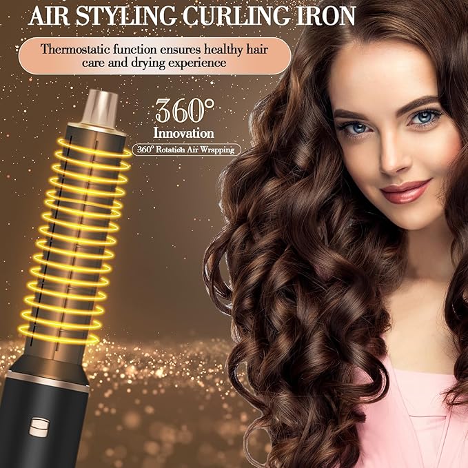 5 in 1 Hair Styler & Hot Air Brush - Air Curling Wrap with Low-Speed Negative Ion Technology, Hair Dryer Brush for Drying, Curling, Straightening & Styling, Hair Styling Tools at Home (Black)