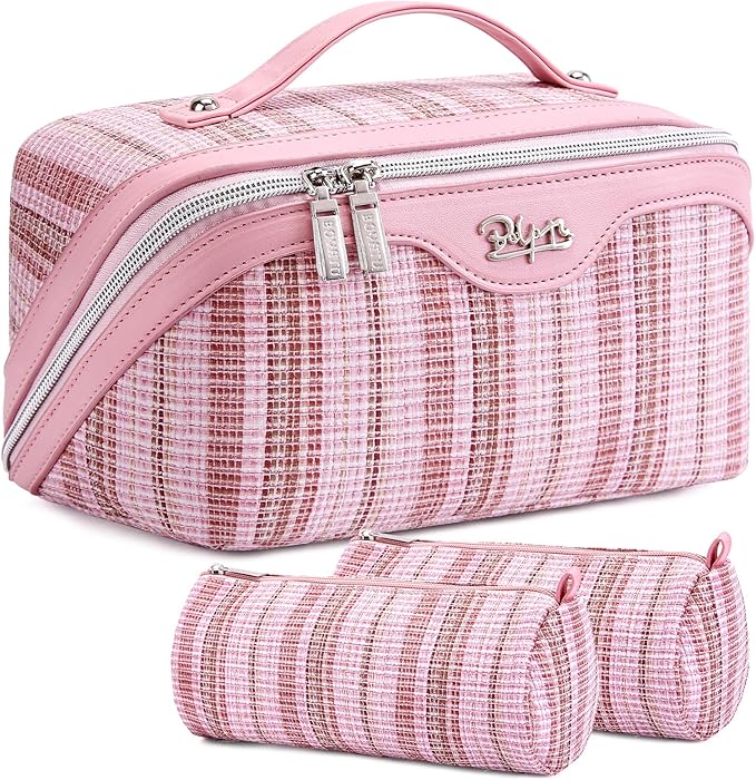 Travel Makeup Bag for Women: Large Capacity Open Flat Make up Bag Set of 3 by BOYATU