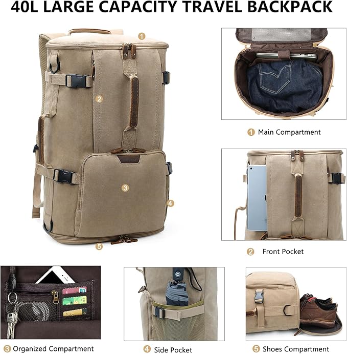 G-FAVOR 40L Travel Backpack, Vintage Canvas Rucksack Convertible Duffel Bag - Image 3
