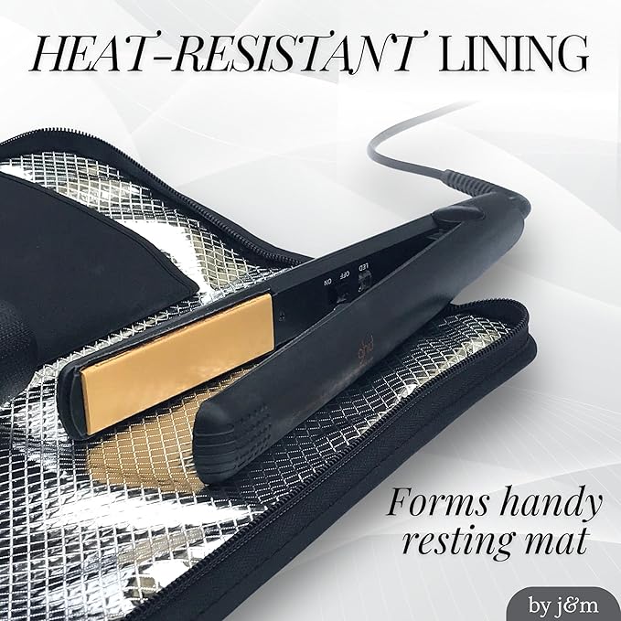 Hair Straightener Mat & Pouch by j&m - Heat Resistant - Fits ghd, BaByliss & Larger Flat Irons - Zip-Up All-in-One Compact Travel Case