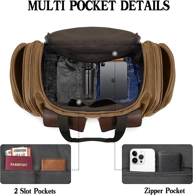 Canvas Duffle Bag for Men 60L Travel Duffel Bags Expandable Genuine Leather - Image 4
