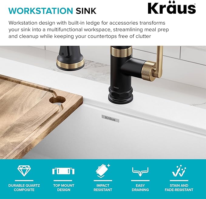 KRAUS Bellucci 33” Workstation Drop In Retrofit Farmhouse Single Bowl Granite - Image 5