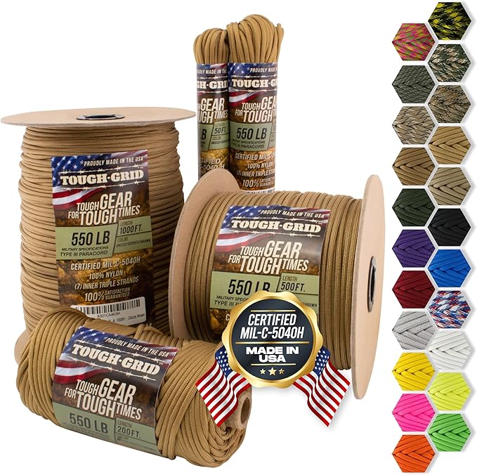 TOUGH-GRID 550 Paracord Rope Nylon Parachute Cord, Made in USA Survival Kit by TOUGH-GRID