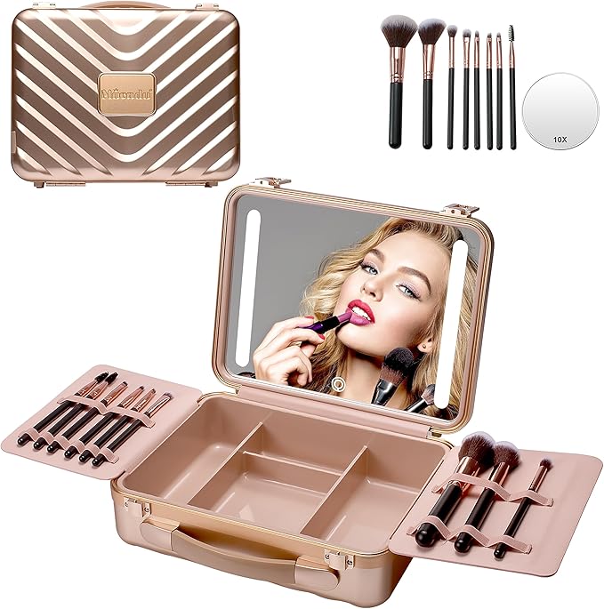Mocado Travel Makeup Case with Lighted Mirror, Makeup Box with 8 Makeup Brushes by Mocado