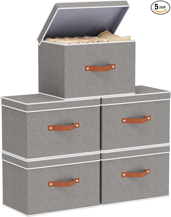 Collapsible Storage Bins with Lids, Linen Foldable Cloth Baskets, 17.7 x 11.8 x by YheenLf