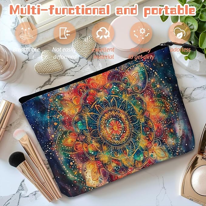 Cosmetic Bags Travel Makeup Toilet Case Waterproof Pouch for Women Girls 6.7X9.45inches - Vivid Celestial - Hued Mandala