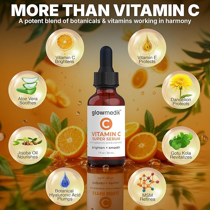 GlowMedik Vitamin C Serum for Face - Illuminating Brightening Serum for Dark Spots - Dark Spot Corrector with Hyaluronic Acid & Vitamin E - Fine Lines & Wrinkles, Sensitive Skin, Made in USA 1 fl oz