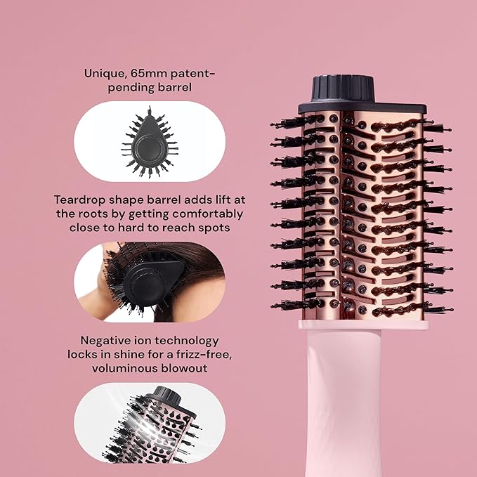 L'ANGE Hair Le Volume Elevé 65MM 2-in-1 Titanium Brush Dryer | Dry and Style | Unique Teardrop Shape Barrel | 3 Heat Settings | 360° Vented Airflow | Ionic Technology for Frizz-Free Styling (Blush)