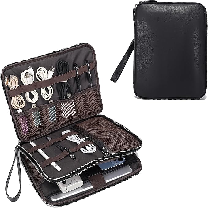 LANNSYNE Full Grain Leather Travel Cable Accessories Bag, Electronic Organizer by LANNSYNE