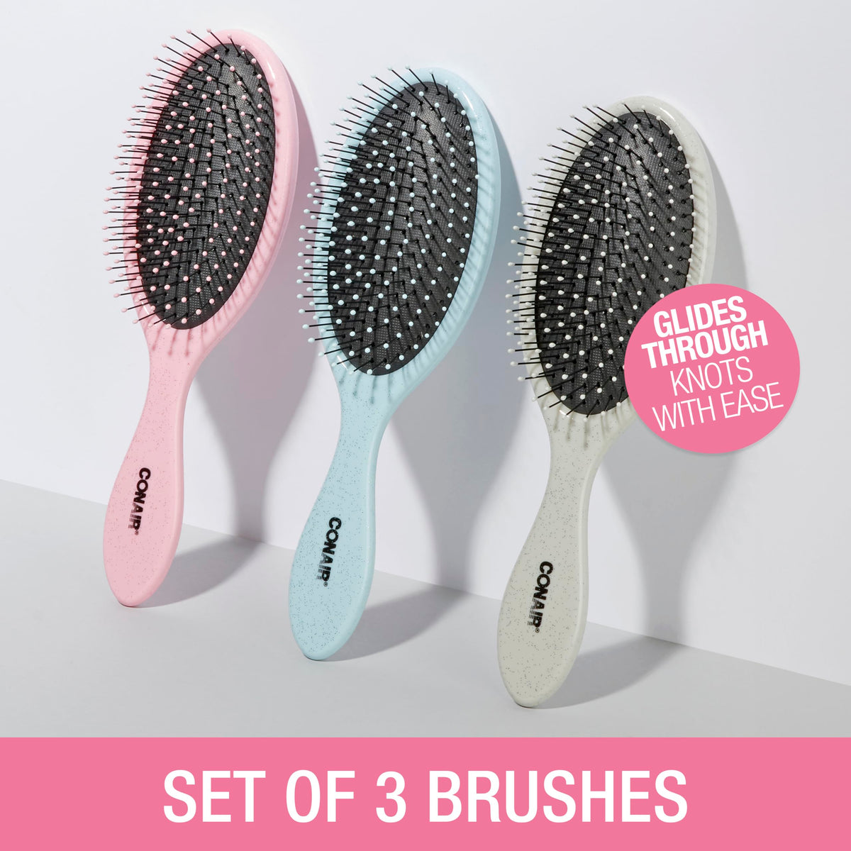 Detangling Hair Brush Set (Pink, Blue, Silver / 3 Count Full Size)