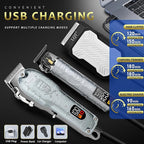 Professional Silver Hair Clippers for Men Cordless Barber Kit with Trimmer, Stainless Steel Blades, Adjustable Lever, LED Display, Type-C Charging Grooming Set Gifts,Ideal for Home Baber & Travel