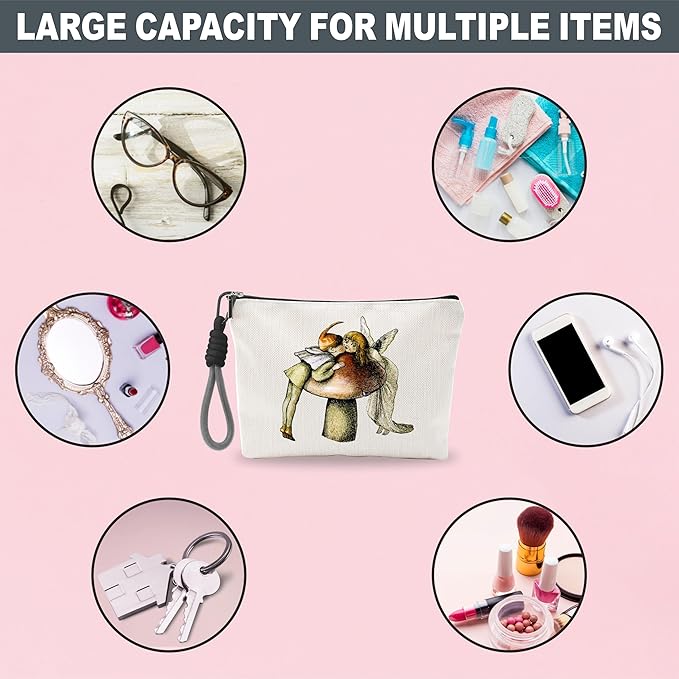 Make Up Bag For Woman, Cosmetic Bag With Hand Strap - Han-drawn Little Fairy - Lined Toiletry Bag - Retro Theme Pouch, Organizer With Zipper, Women Essentials & Accessories - B02