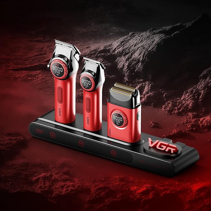 VGR 3 in 1 Professional Barber Clippers Set of Hair Clipper Trimmer Foil Shaver, Cordless Haircut Kit with Upgraded Powerful Motor, Integrated Charging Station, LED Display, Storage Box, Red